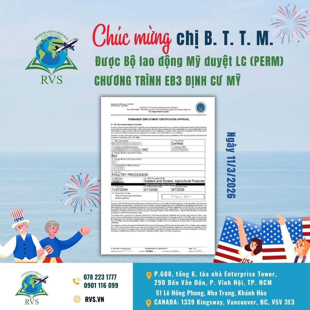RVS CHÚC MỪNG KHÁCH HÀNG B. T. T. M. ĐƯỢC BỘ LAO ĐỘNG MỸ DUYỆT PERM LC CHƯƠNG TRÌNH EB-3 ĐỊNH CƯ MỸ