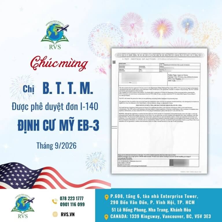 Chúc mừng khách hàng công ty RVS được phê duyệt đơn I-140